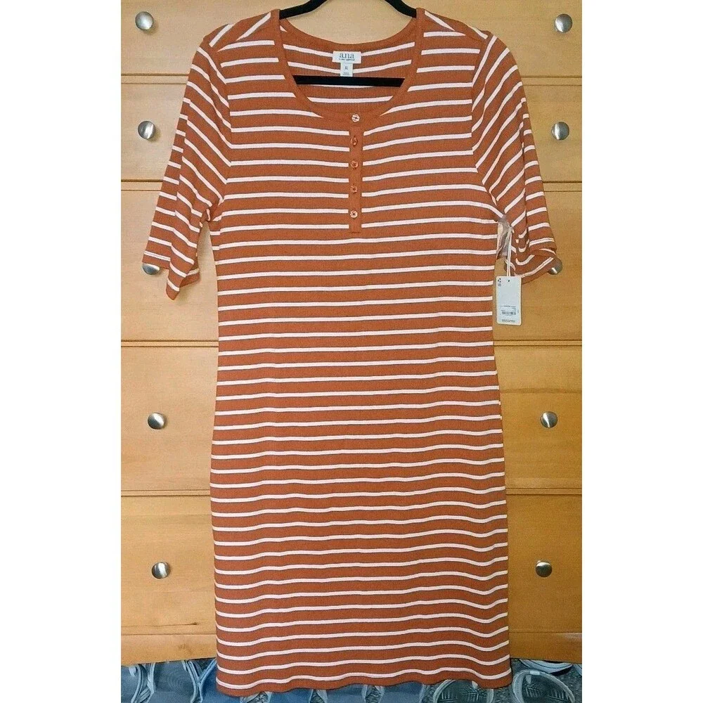 NWT a.n.a Womens XL Casual Henley Rib-knit Striped Burnt Orange T-Shirt Dress